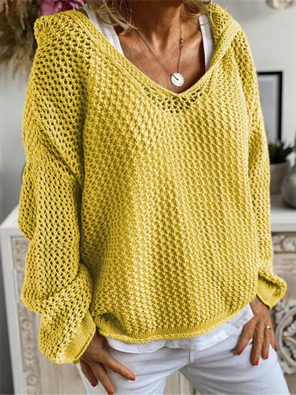 Openwork Hooded Long Sleeve Sweater Banana Yellow / S