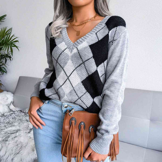 Argyle V-Neck Sweater Charcoal / S