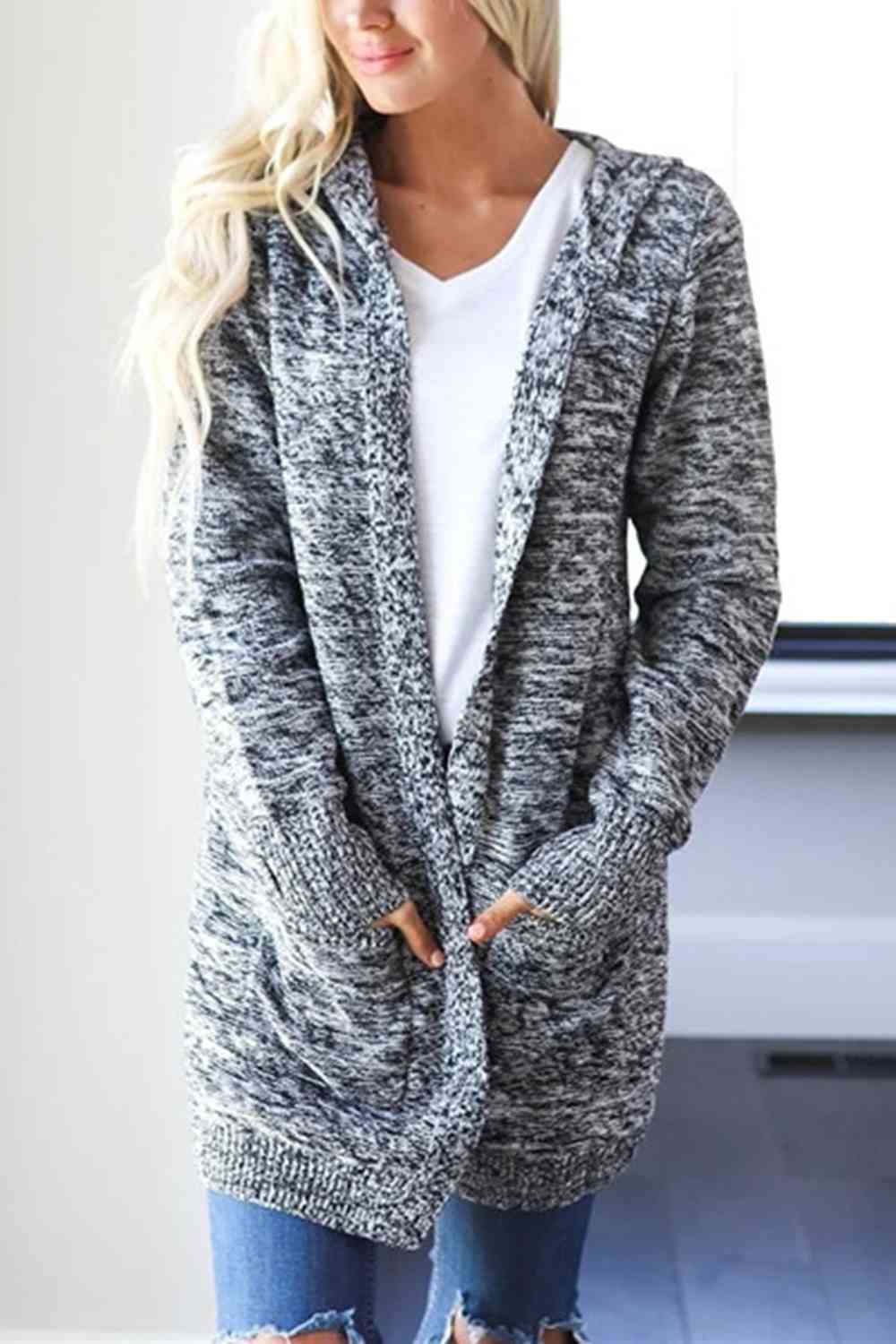 Heathered Open Front Cardigan with Pockets Black / S