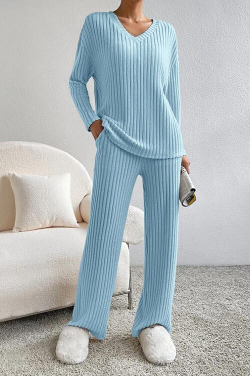 Ribbed V-Neck Top and Pants Set Pastel  Blue / S