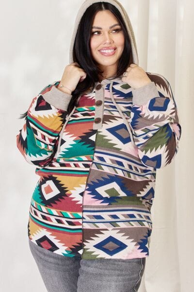 Celeste Full Size Geometric Exposed Seam Drawstring Hoodie