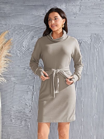 Tie-Waist Turtleneck Long Sleeve Dress