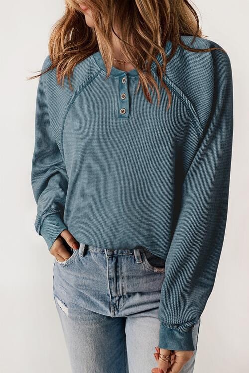 Waffle Knit Raglan Sleeve Henley Sweatshirt French Blue / S