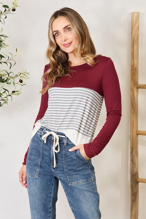 e.Luna Full Size Striped Contrast Long Sleeve Top