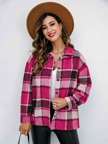 Campfire Plaid Button Up Collared Neck Jacket Hot Pink / S