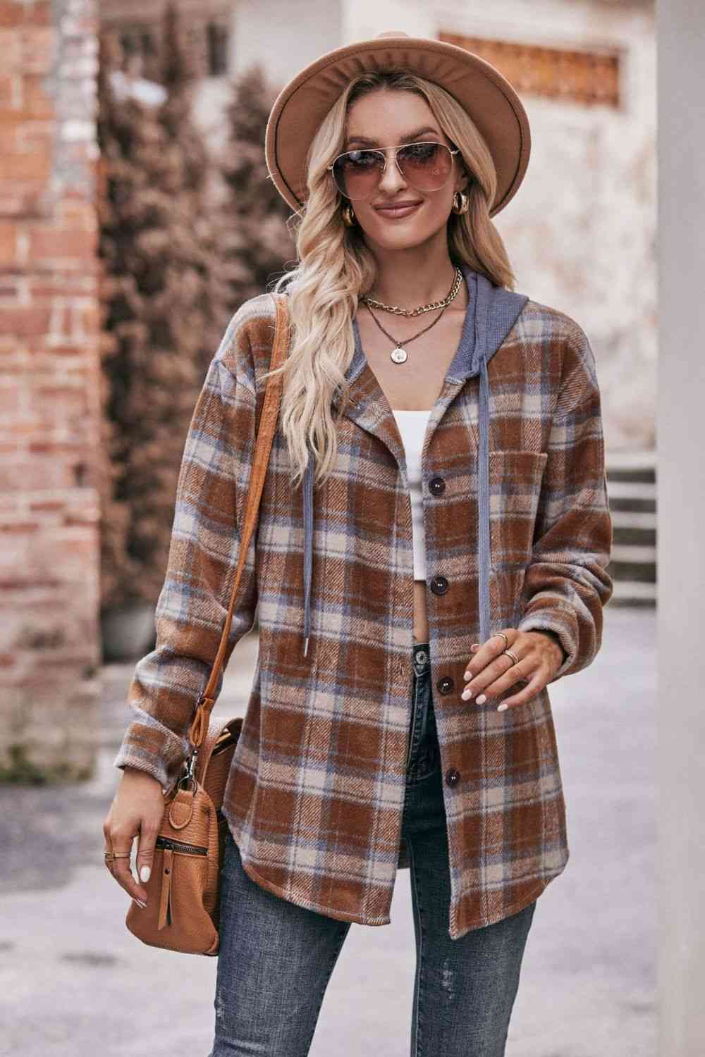 Plaid Dropped Shoulder Hooded Longline Jacket Chestnut / S