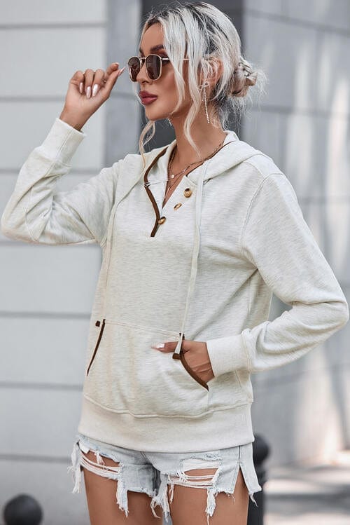 Half Button Drawstring Long Sleeve Hoodie White / S