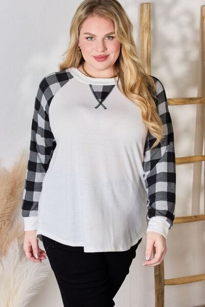 Hailey & Co Full Size Plaid Raglan Sleeve Round Neck Top