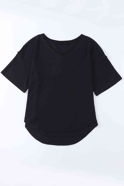 Waffle-Knit V-Neck Dropped Shoulder Top Black / S