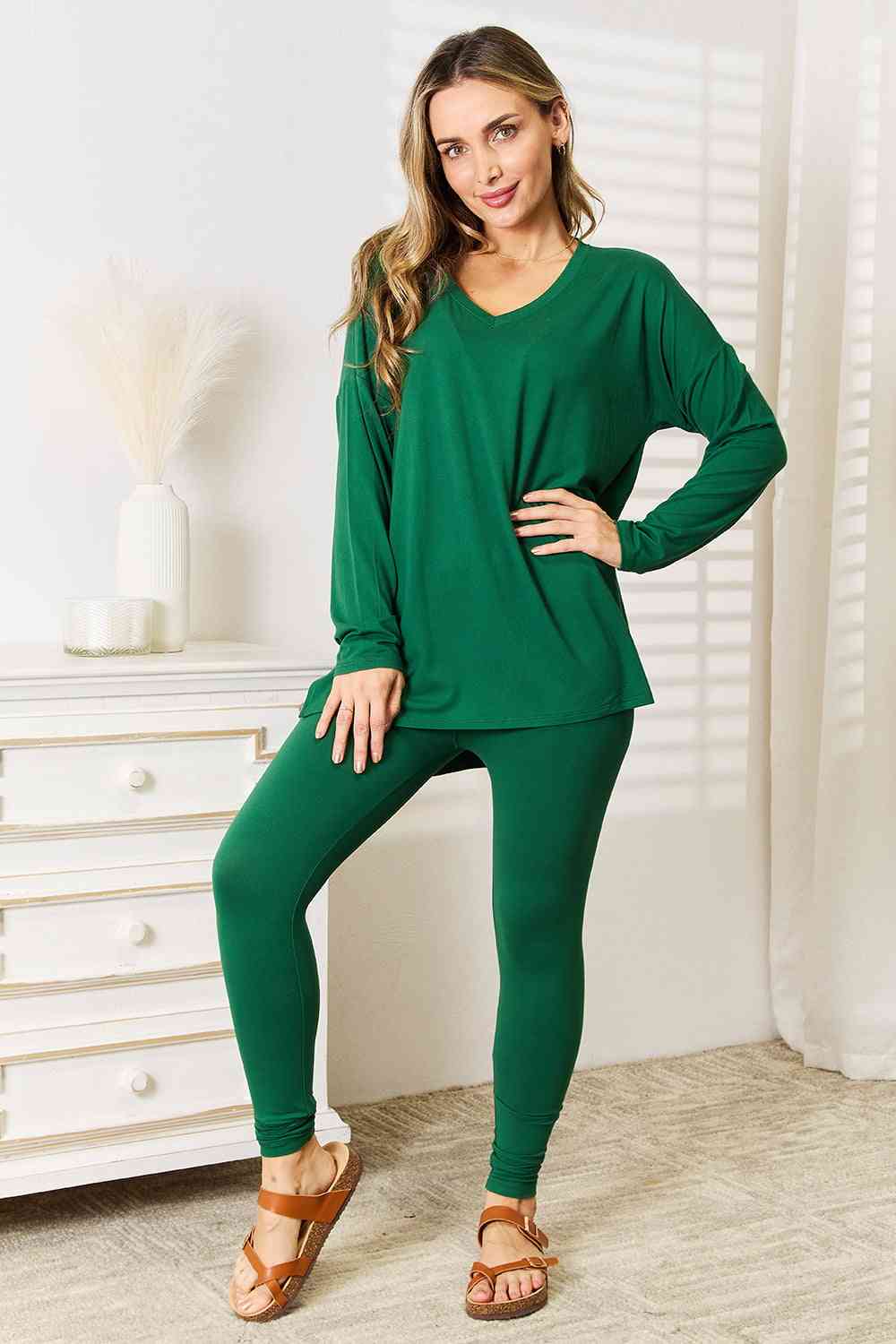 Zenana Lazy Days Green Long Sleeve Top and Leggings Set