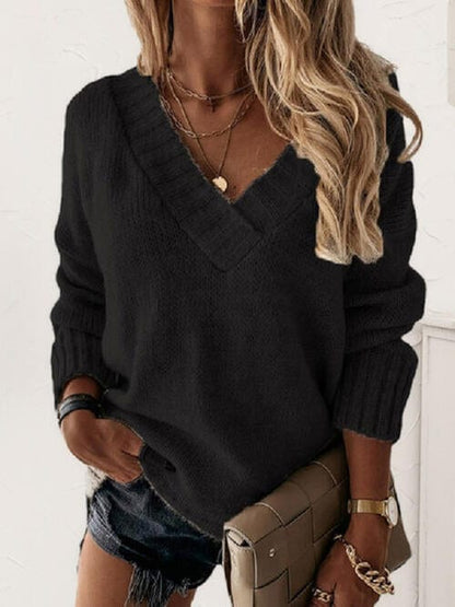 V-Neck Long Sleeve Knit Sweater Black / S