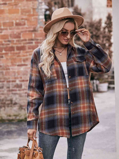 Plaid Dropped Shoulder Longline Shirt Brown Black / S