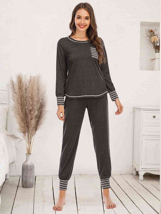 Round Neck Top and Pants Lounge Set Charcoal / S