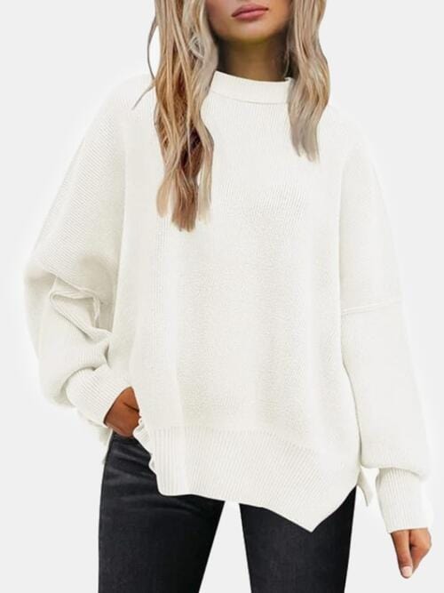 Round Neck Drop Shoulder Slit Sweater White / S