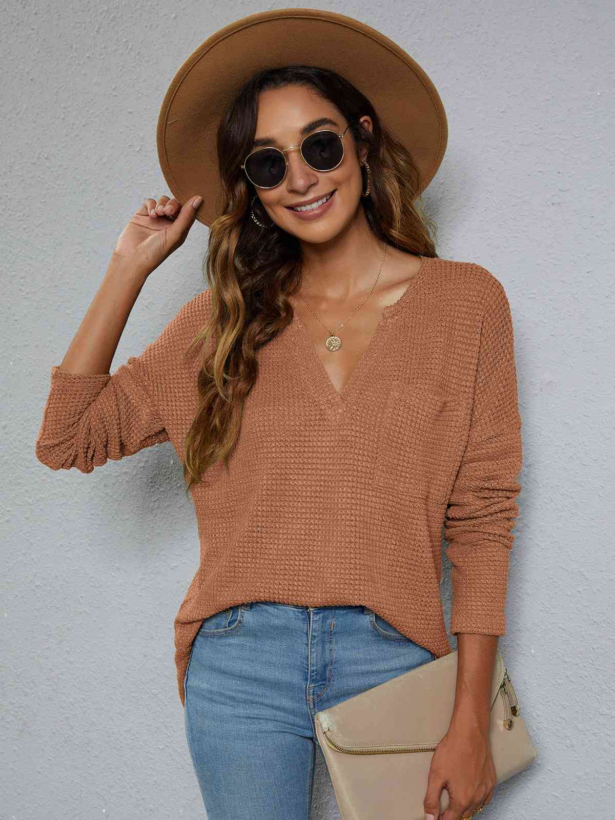 Dropped Shoulder High-Low Waffle-Knit Top Camel / S