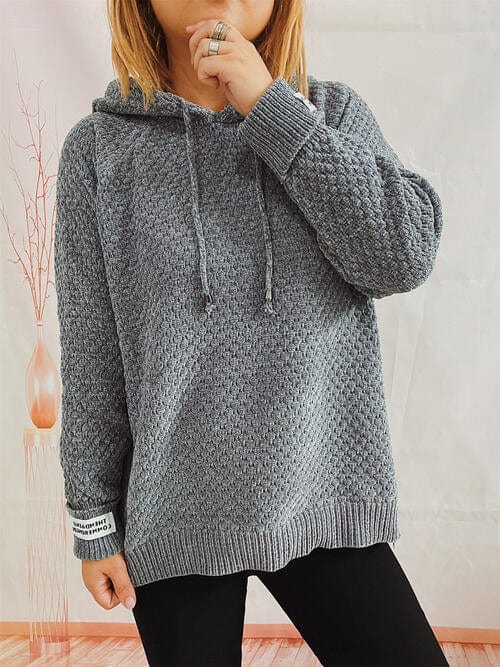 Drawstring Long Sleeve  Hooded Sweater Charcoal / One Size