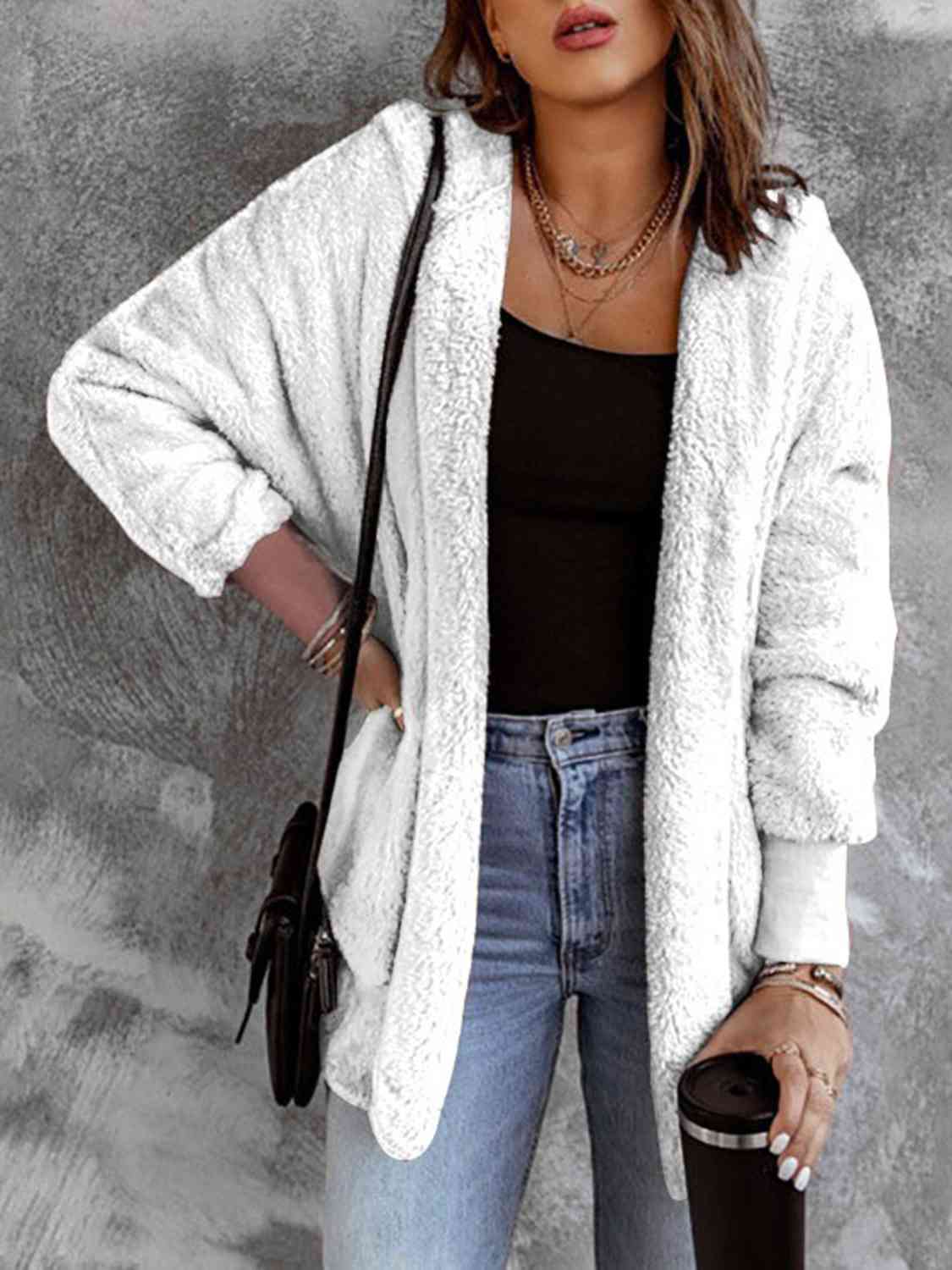 Open Front Hooded Faux Fur Outwear with Pockets White / S