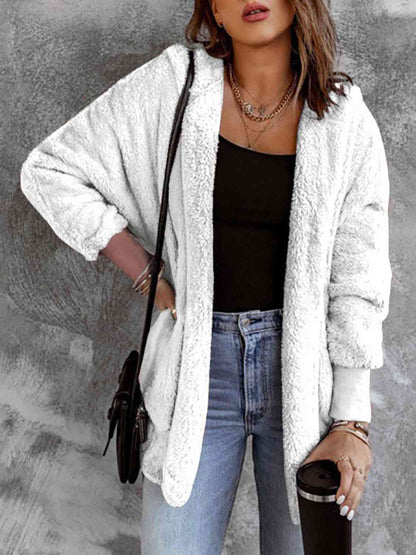 Open Front Hooded Faux Fur Outwear with Pockets White / S