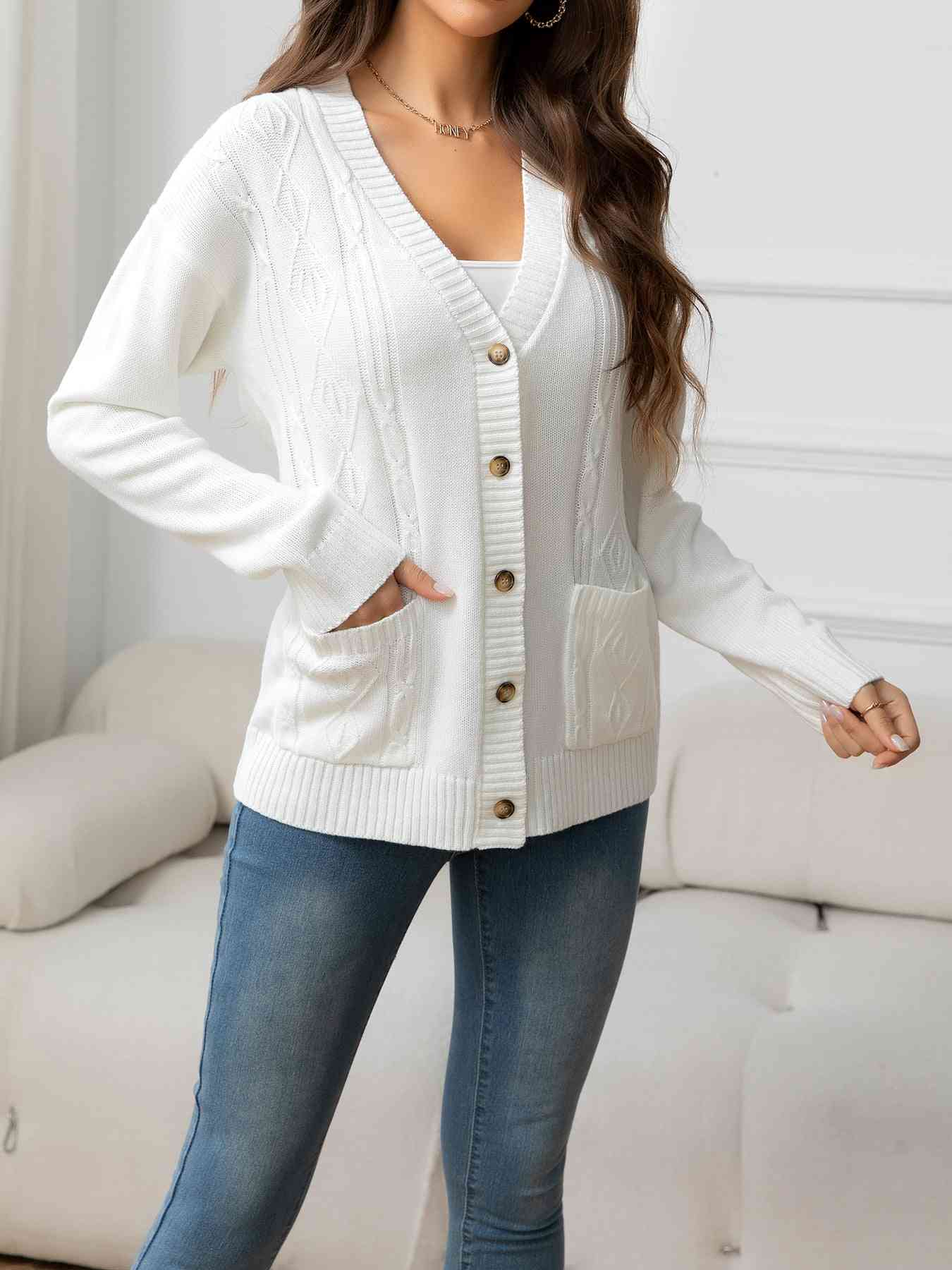 V-Neck Long Sleeve Buttoned Knit Cardigan with Pocket