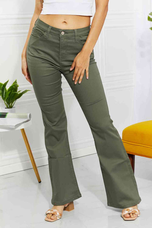 Zenana Clementine Full Size High-Rise Bootcut Jeans in Olive Matcha Green / S