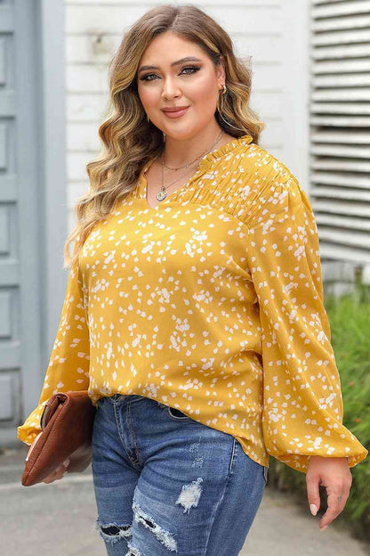 Plus Size Notched Neck Smocked Blouse