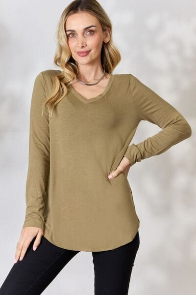 Zenana Full Size V-Neck Long Sleeve T-Shirt Khaki / S