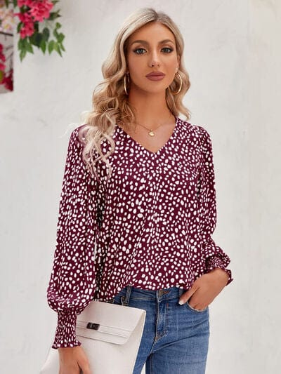 Printed V-Neck Lantern Sleeve Blouse Wine / S