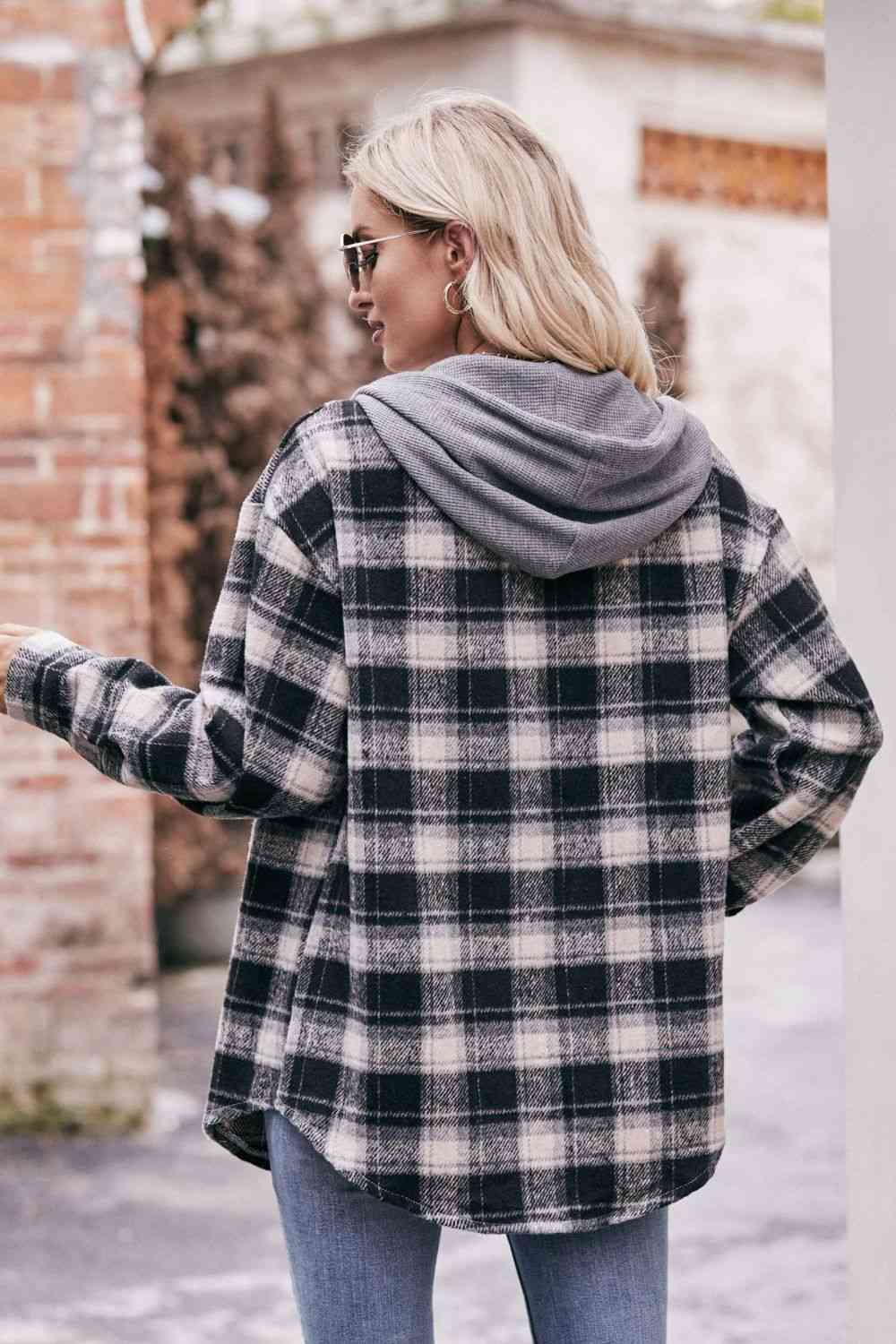 Plaid Dropped Shoulder Hooded Longline Jacket