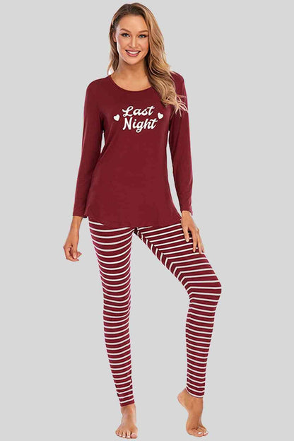 Graphic Round Neck Top and Striped Pants Set Wine / S