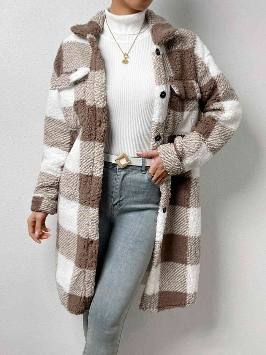 Plaid Collared Neck Button Down Coat Taupe / S