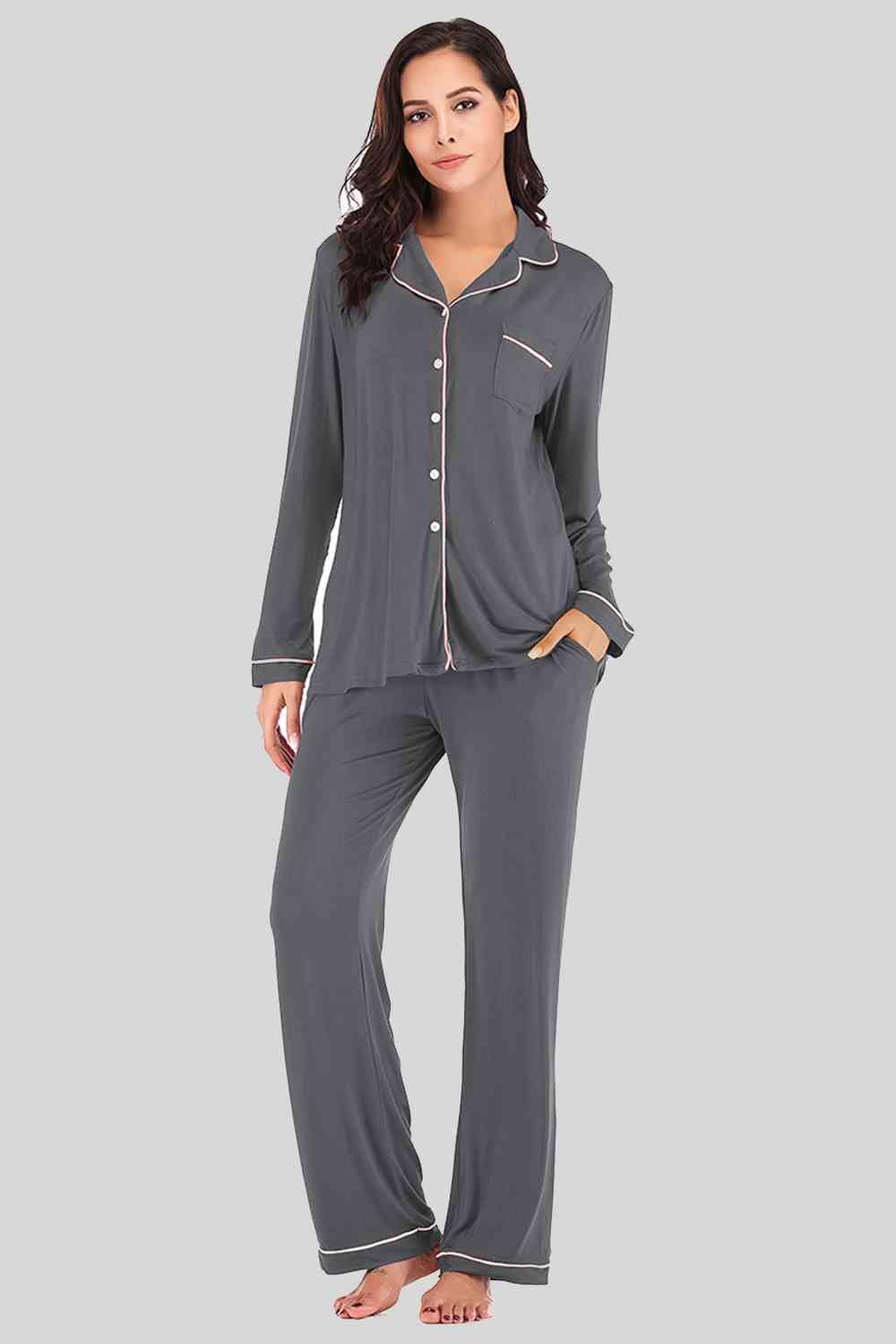 Collared Neck Long Sleeve Loungewear Set with Pockets Charcoal / S