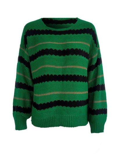 Striped Round Neck Long Sleeve Sweater Green / S