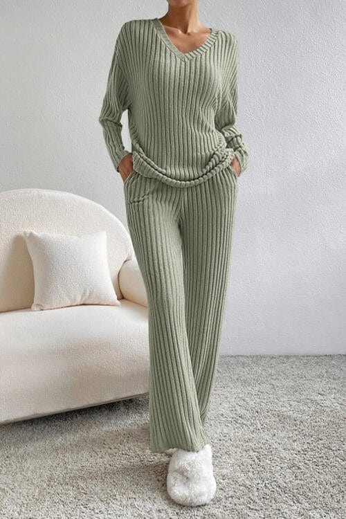 Ribbed V-Neck Top and Pants Set Sage / S