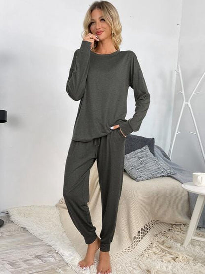 Round Neck Top and Drawstring Pants Lounge Set Charcoal / S