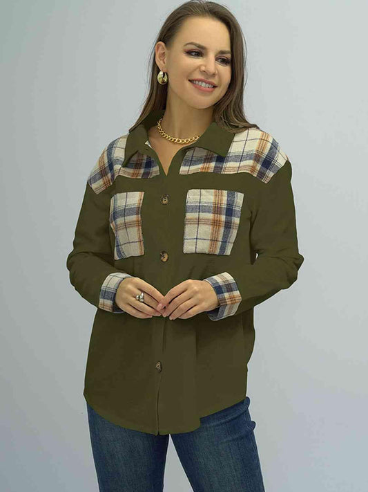 Plaid Detail Dropped Shoulder Shirt Army Green / S