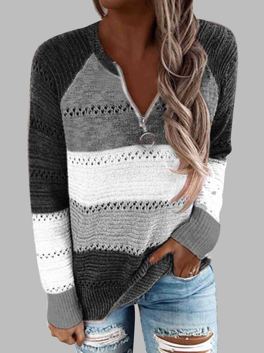 Full Size Color Block Half Zip Sweater Charcoal / S