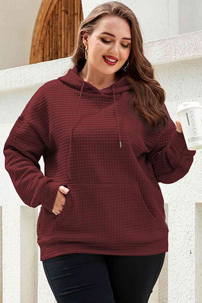 Plus Size Front Pocket Long Sleeve Hoodie Wine / 1XL