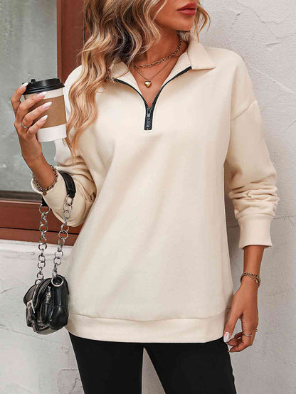 Quarter-Zip Dropped Shoulder Sweatshirt Light Apricot / S