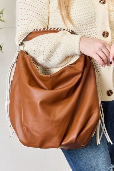 SHOMICO Fringe Detail Contrast Handbag TAN / One Size