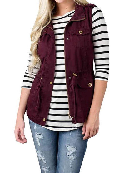 Drawstring Waist Vest with Pockets Wine / S