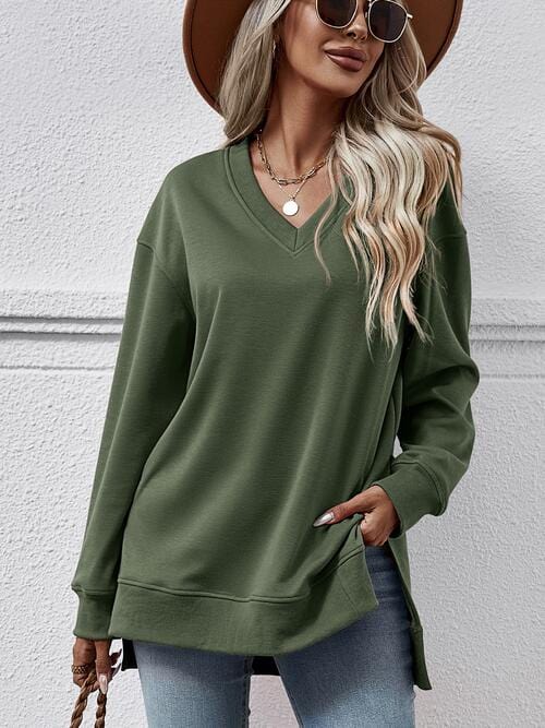 V-Neck Slit Long Sleeve Sweatshirt Army Green / S