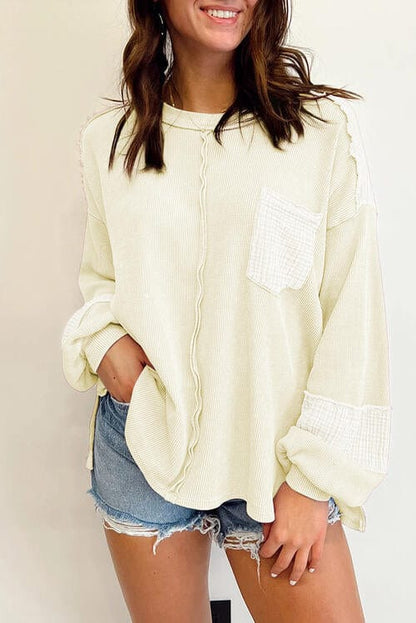 Waffle-Knit Exposed Seam Lantern Sleeve Top Ivory / S