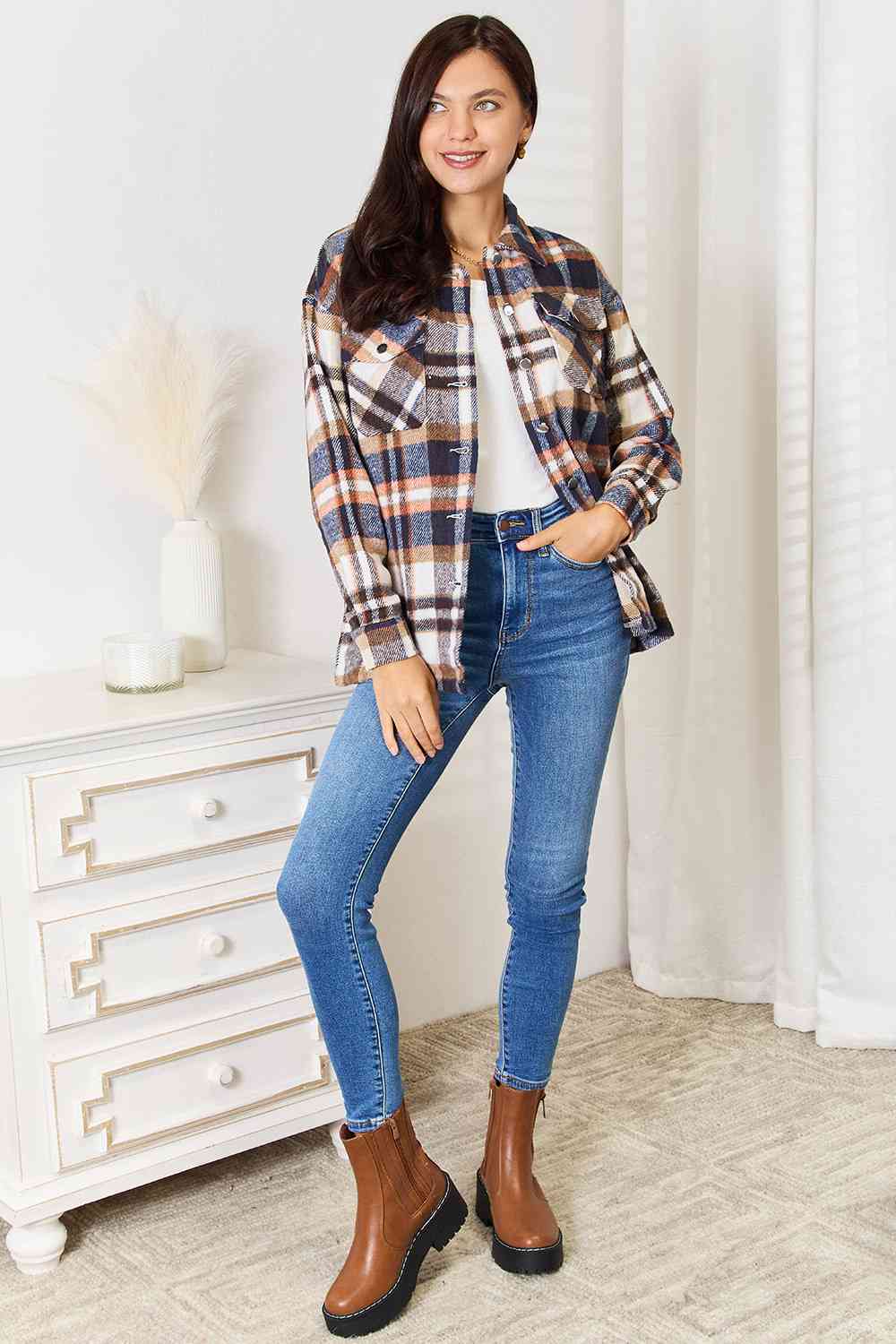 Double Take Navy Plaid Button Front Shirt Jacket with Breast Pockets