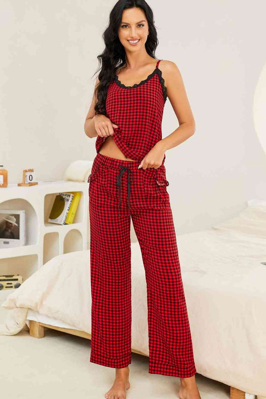Plaid Lace Trim Cami and Drawstring Pants Pajama Set Plaid / S