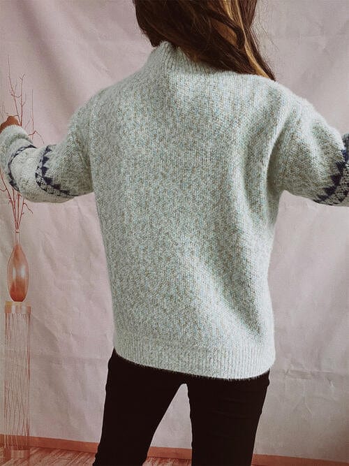 Geometric Snowflake Mock Neck Dropped Shoulder Sweater