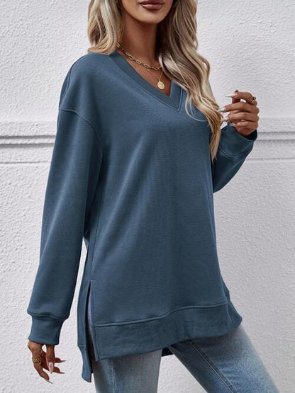 V-Neck Slit Long Sleeve Sweatshirt French Blue / S