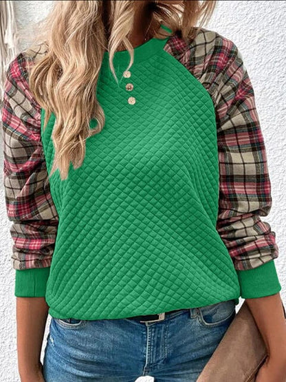 Plaid Round Neck Sweatshirt Mid Green / S