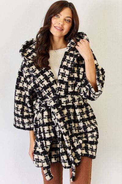 J.NNA Fuzzy Plaid Waist Tie Hooded Robe Cardigan