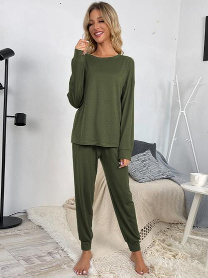 Round Neck Top and Drawstring Pants Lounge Set