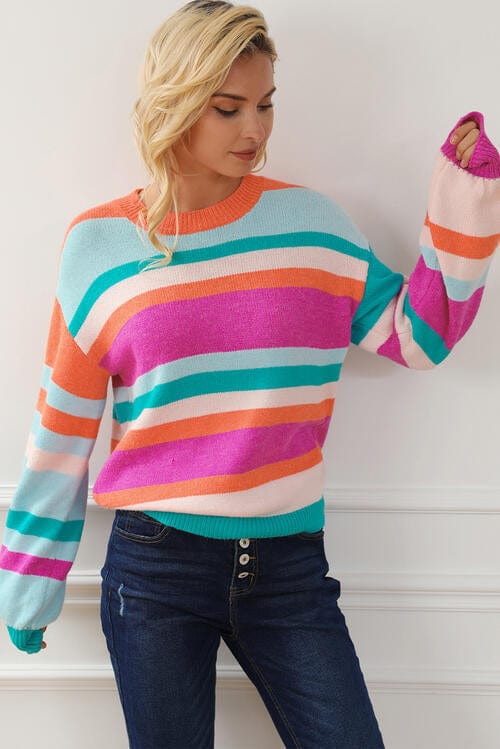 Bold Striped Round Neck Long Sleeve Knit Sweater
